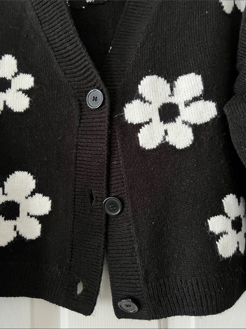 Divided Black Cardigan Sweater with White Floral Motif - Picture 3 of 4